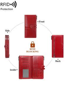 MIYIN Ví nữ dung lượng lớn chống RFID, thiết kế cổ điển với khóa kéo bằng da mềm, nhiều khe đựng thẻ và cửa sổ trong suốt đựng thẻ ID, có thể đựng thẻ tín dụng/CMND/tiền mặt/điện thoại, chi tiết chần bông, kiểu ví cầm tay/túi xách, phù hợp cho cả công sở và thường ngày, ví dài. - Đỏ - Xem 5