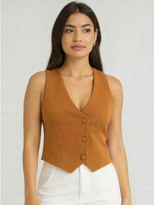 Women's Short Lined Tailored Vest With Buttons, Formal, V-Neck - Camel - View 2