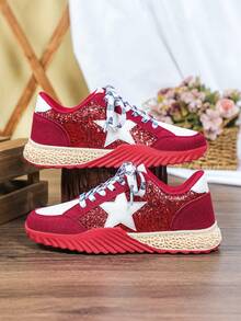 节日红色休闲运动鞋，新年闪亮设计，欧美风户外滑板鞋，性感热情的红色鞋底，系带，圆头，低帮，耐磨，多功能，情人节礼物，休闲外出，派对，女士运动鞋 - 紅白色 - 查看 3
