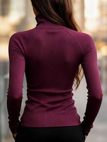 Burgundy High Neck Zip-Up Knit Sweater | Slim Fit, Warm & Stretchy | Minimalist Zip Design, Versatile Layering Piece | Suitable For Office, Commute, Urban Casual, Autumn/Winter - Redwood - View 2