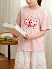 【情人节】少女及青少年学生休闲趣味爱心印花圆领短袖T恤，夏季上衣 - 粉色 - 查看 2