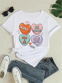 Valentine's Day Heart Print Graphic Tee Women's Casual Short Sleeve Crew Neck T-Shirt XOXO BE MINE You & Me Love Bites Letter Printed Top - White - View 4