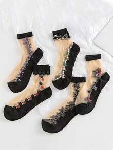 1/5双装女士薄款印花中筒袜，柔软透气，耐穿防滑，适合日常穿着 - 彩色 - 查看 6