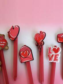 6pcs/Set Random Style Red Barrel Push Button Pen With Heart & Bear Design, Black Ink, Valentine's Day & Thanksgiving Writing Series - Red - View 5