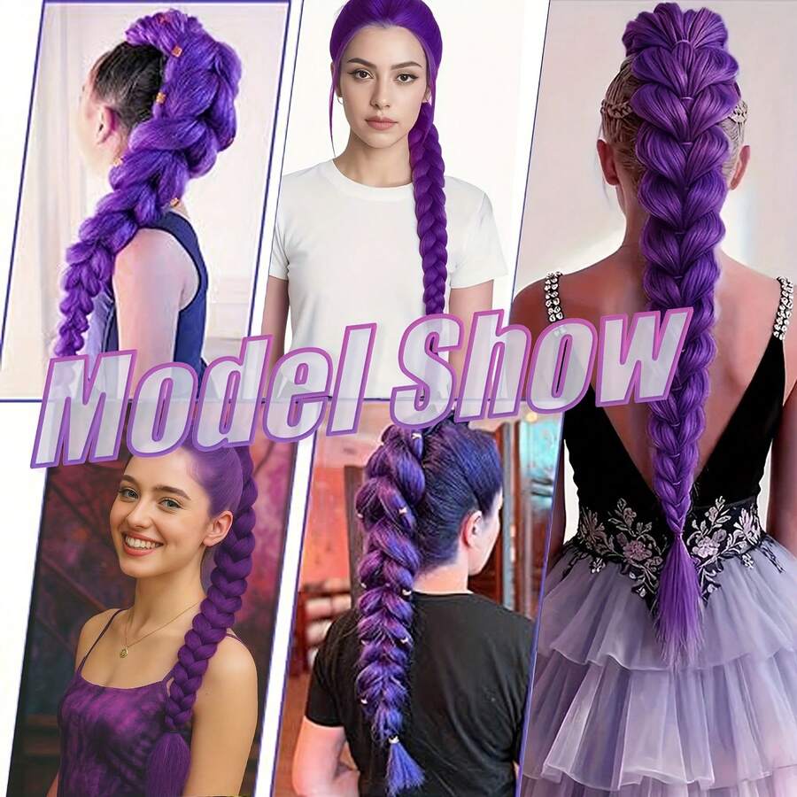 紫色爪夹编织马尾假发，韩流风格合成直发马尾假发，派对礼服，MERISIHAIR高温丝材质，紫色夹子马尾假发，女士自然逼真马尾假发 - 彩色 - 查看 1