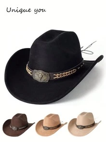 Unisex Western Cowboy Hat, Retro Style With Woven Leather Belt And Classic Silver Bull Head Decor, Suitable For Weddings, Festivals, Western Cowboy Parties And Bars - Top Hat - View 1