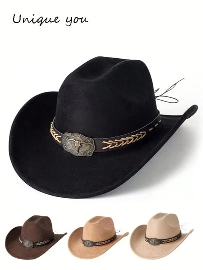 Sombrero de vaquero unisex estilo retro con cinturón de cuero tejido y decoración clásica de cabeza de toro plateada, adecuado para bodas, festivales, fiestas de vaqueros occidentales y bares