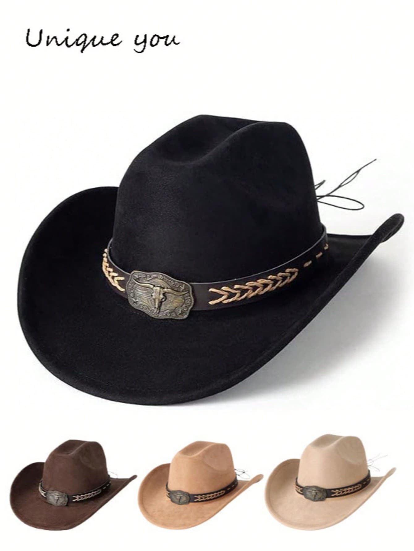Unisex Western Cowboy Hat, Retro Style With Woven Leather Belt And Classic Silver Bull Head Decor, Suitable For Weddings, Festivals, Western Cowboy Parties And Bars - Top Hat - View 1