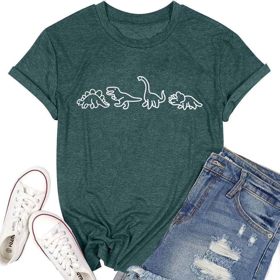 Women Cute Dinosaurs Graphic S Girls Short Sleeve Casual Crew Neck Tshirt Tops All Seasons,220g Pure Cotton Single-Sided Printed Crew Neck Short-Sleeved T-Shirt,Unisex Top,Base Layer - 顏色3 - 查看 1
