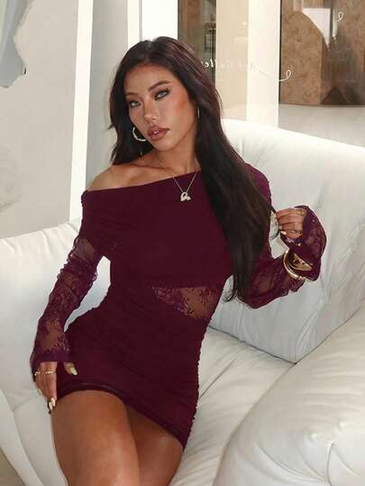 1pc Solid Color Sexy Party Knit Fabric Asymmetric/Asymmetrical Off Shoulder Lace Patchwork Long Sleeve Dress, Suitable For Vacation, Beach Party, Date, Autumn/Winter, Spring, Valentine's Day, Elegant, Birthday, Red
