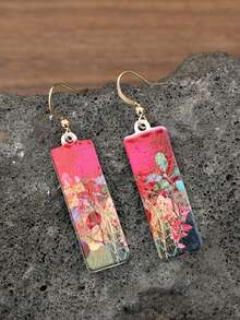 一对创意艺术油画花卉设计长耳环，优雅时尚 - 彩色 - 查看 3