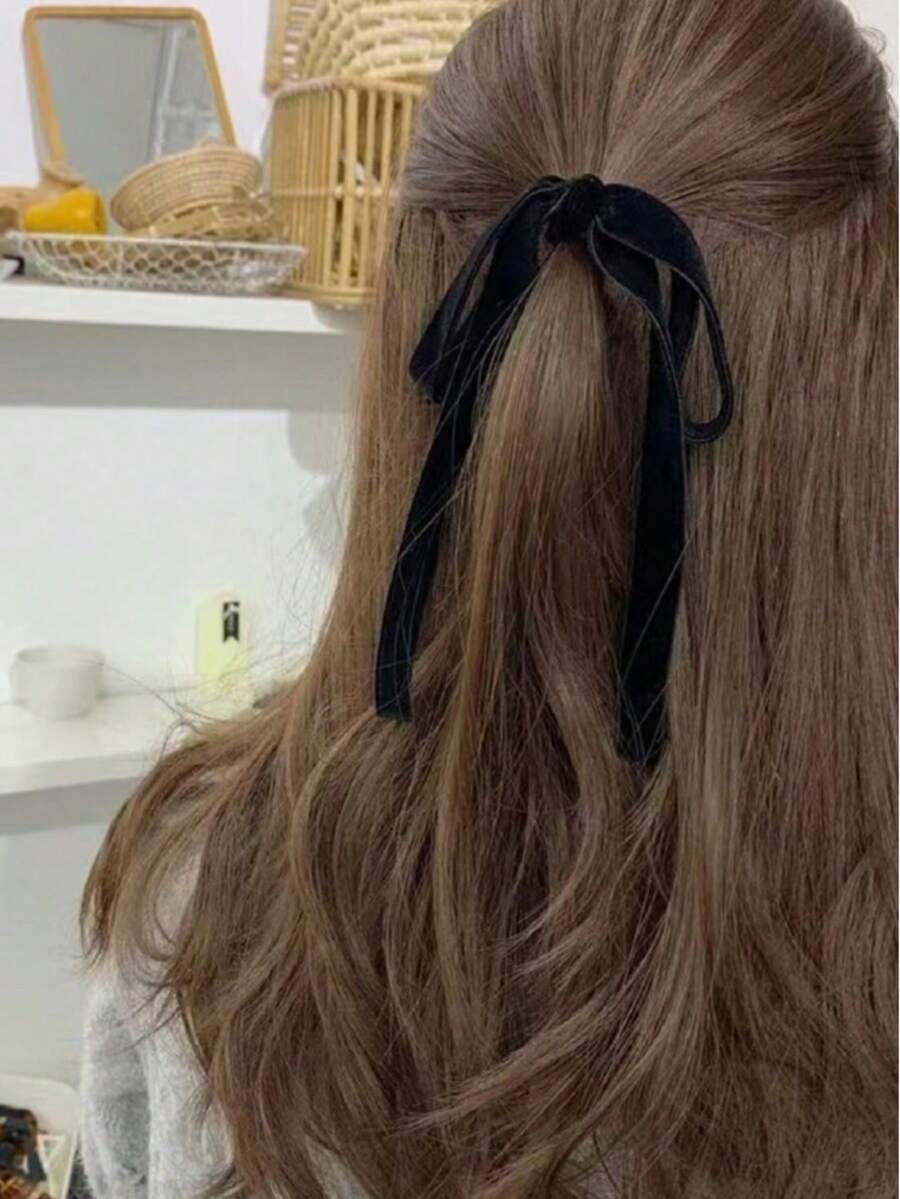 1/2个白色天鹅绒发圈,女士弹力发绳,马尾辫发圈,节日配饰,派对发饰 - 黑色 - 查看 1