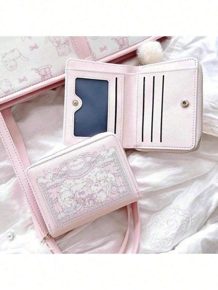 1pc Cute Rabbit & Bear Cartoon Coin Purse, Waterproof-Proof Multi-Card Slots Compact Luxury Short Wallet, Women Wallet, Coin Purse, Wallet, Wristlet, Small Wallet, Wallet, Card Holder, Coin Pouch - 彩色 - 查看 1