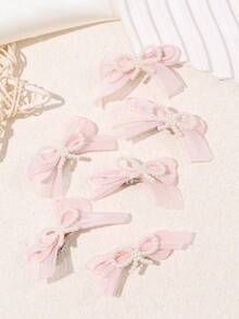 6pcs Girls' Cute Pearl Mesh Bow Hair Clips, Suitable For Daily Wear - Multicolor - View 11