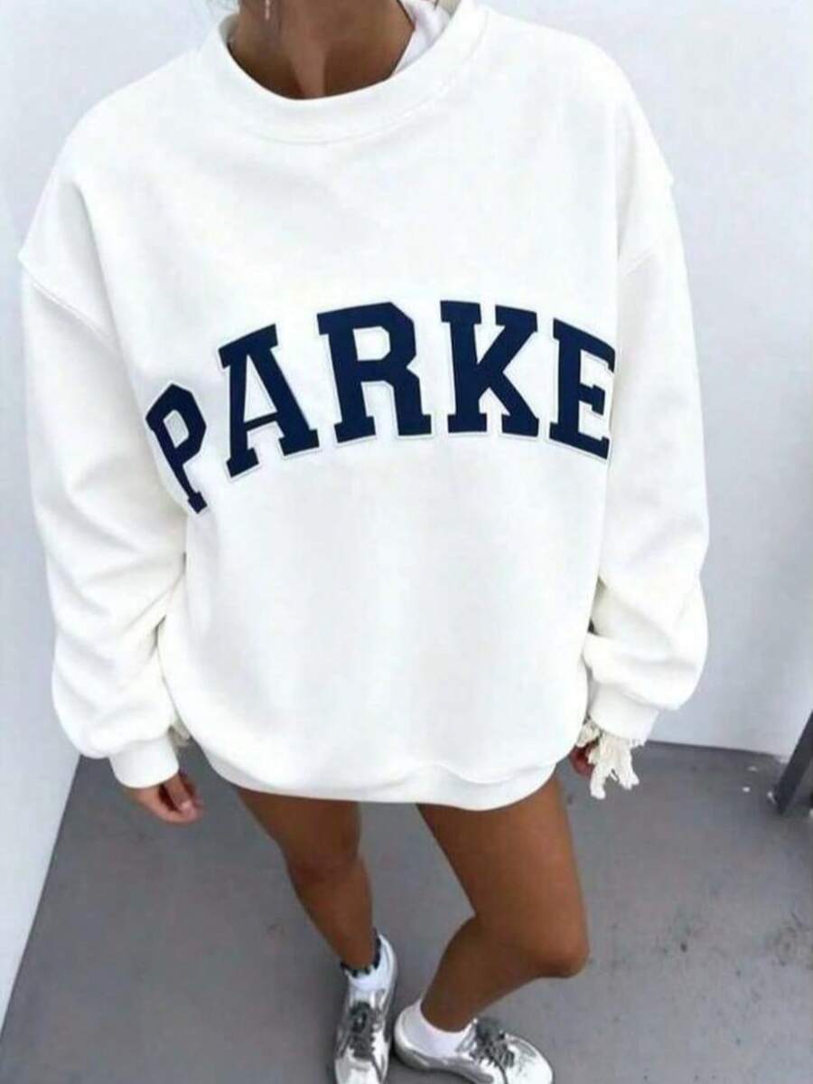 Women's Casual Letter Print Oversized Pullover Sweatshirt, Loose Fit Crew Neck Long Sleeve Hoodie, Fall Outfits For Airport, Back To SchoolNew Women's Fashion Breathable Printed Short Sleeves,-New Autumn/Winter Collection: Unisex Relaxed Fit Long-Sleeve Crew Neck Sweatshirt - 白色 - 查看 1