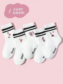 Disney 1/5双装迪士尼女孩/儿童设计运动双横条纹中筒袜，个性化卡通爱心米妮米奇/黛丝唐老鸭图案装饰，多功能透气吸湿中筒袜，简约休闲精致柔软亲肤学院风蕾丝袜，适合日常穿着、校园活动、派对、休闲活动，多种组合可选 - 彩色 - 查看 11