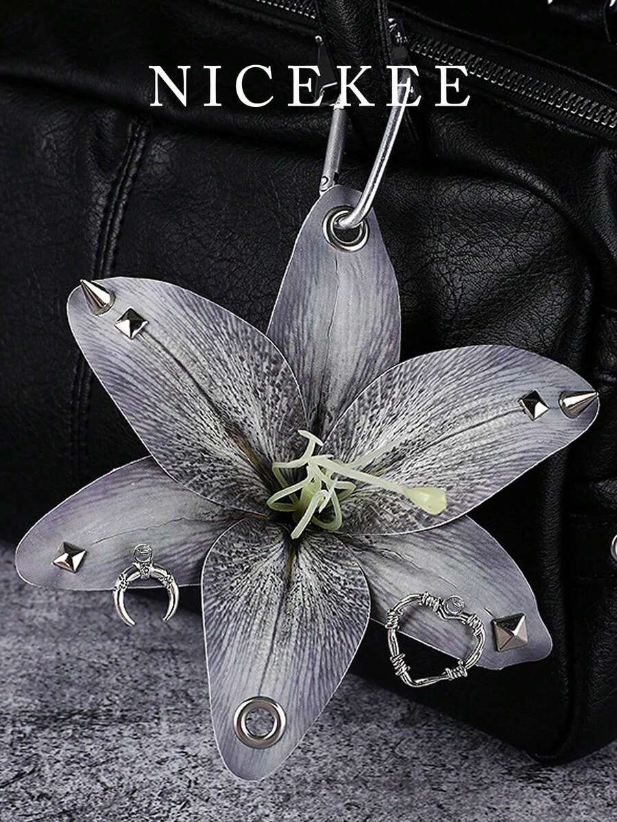 Llavero con flor de lirio, decoración colgante de metal con remache y ojal perforado hecho a mano, nuevo accesorio personalizado con estilo dulce y elegante Y2K para bolso/teléfono, llavero de coche minimalista y versátil, adecuado para combinar a diario y como regalo - Multicolor - Ver 1