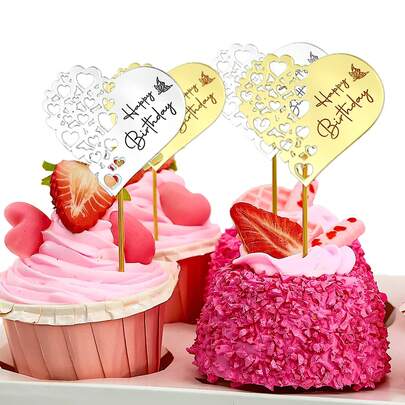 10/20 Pieces Happy Birthday Heart Design Gold Mirror Silver Acrylic Cupcake Topper For Birthday Mother's Day Cake Decoration Party Supplier