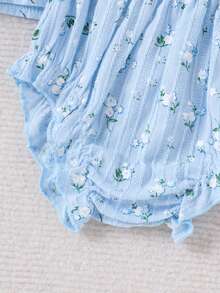 女婴碎花荷叶袖上衣+哈伦裤套装，轻盈乡村风夏季装扮 - 淺藍色 - 查看 4