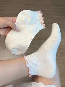 7 Pairs Random Women's Ruffled Polka Dot Short Socks, Sweet JK Style Ruffle Hem Mid-Calf Socks, Comfortable Breathable Casual Daily Wear - Multicolor - View 7