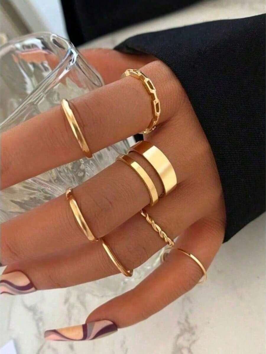 17KM 7pcs Minimalist Hollow Out Ring Set | Women's Fashion Daily Wear Jewelry Accessory - Vàng - Xem 1