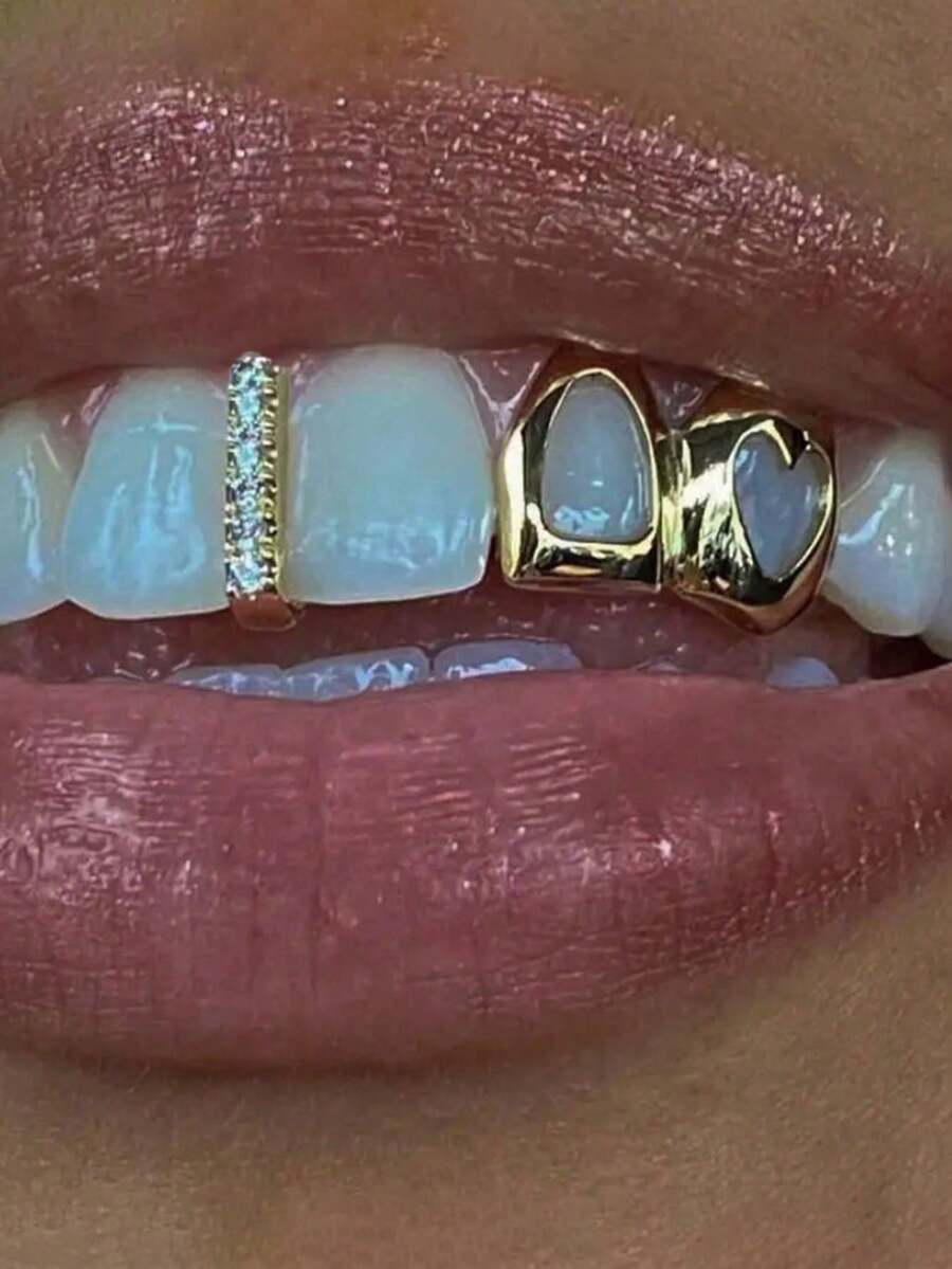 2026 New Collection Of Fine Jewelry2pcs/Set Hip-Hop Hollow Out Heart Stick Diamond Double Tooth Set, Daily Street Fashion Cool Smooth Gold Teeth - 金子 - 查看 1