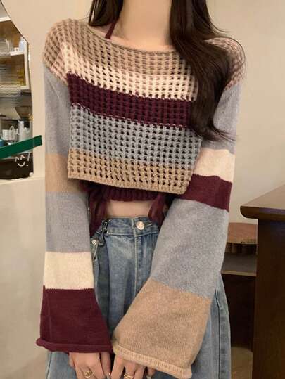 2pcs/Set Contrast Color Round Neck Long Sleeve Cropped Sweater And Solid Color Camisole, Spring/Autumn