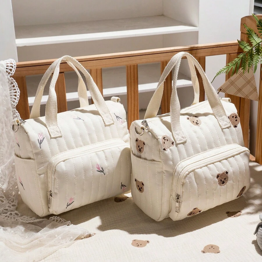 1pc New Quilted Embroidered Mommy Bag, Lightweight Portable Mommy Bag, Bear Maternity Bag, Large Capacity Handbag Shoulder Bag