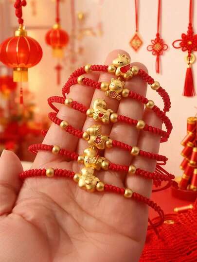 1~6条 2026年中国新年马年绳编手链 手工编织可调节马形吊坠手链 中国幸运护身符饰品 新年礼物