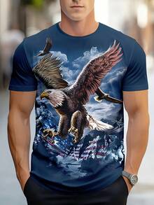 Men'S Patriotic Eagle & American Flag Graphic T-Shirt - Lightweight Breathable Short Sleeve Round Neck Tee With City Skyline Design, Regular Fit Casual Top For Casual Attire, PLUS SIZE - 混合色 - 查看 2