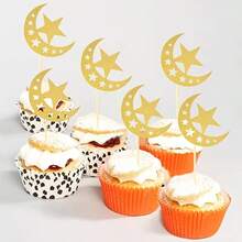 12pcs Glitter Moon And Star Eid Cupcake Toppers, Karim Party Supplies, Islamic Muslim Party Decorations, - Multicolor - View 3