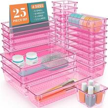 WOWBOX 25 PCS Plastic Drawer Organizer Set, 4 Sizes Desk Drawer Divider Organizers And Storage Bins For Makeup, Jewelry, Gadgets For Kitchen, Bedroom, Bathroom, Office, Clear Pink - ClearPink - View 1