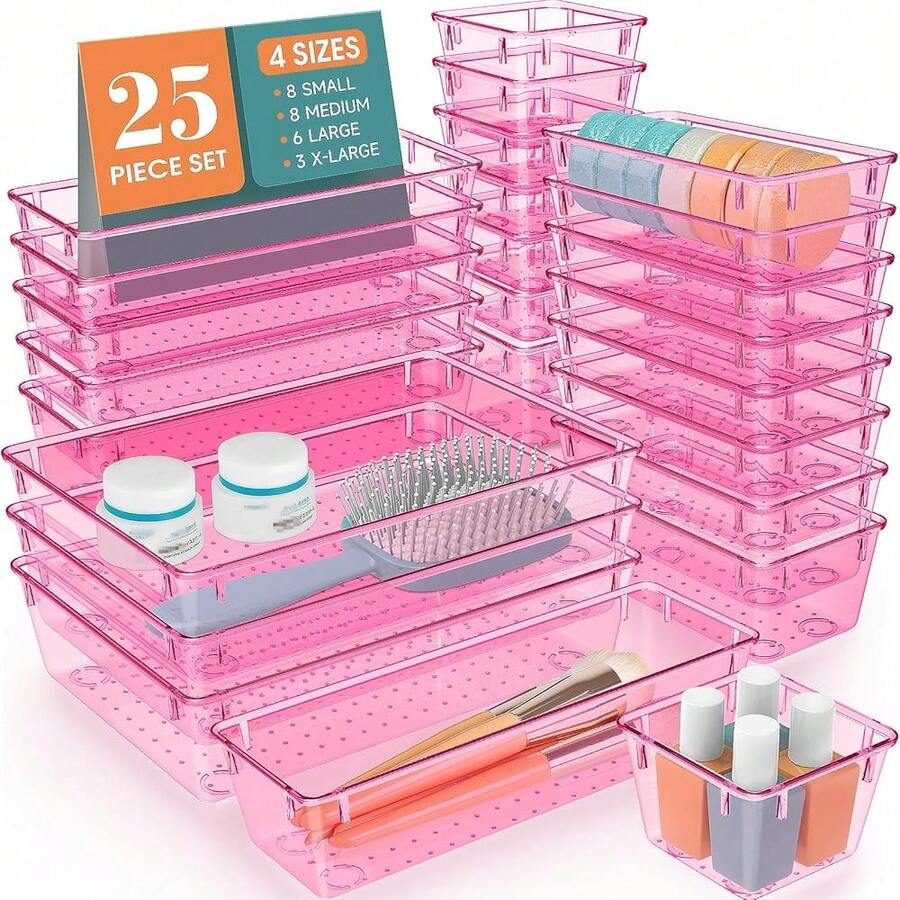 WOWBOX 25 PCS Plastic Drawer Organizer Set, 4 Sizes Desk Drawer Divider Organizers And Storage Bins For Makeup, Jewelry, Gadgets For Kitchen, Bedroom, Bathroom, Office, Clear Pink - ClearPink - View 1