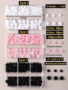 120片8mm+6mm极光山茶花玫瑰美甲装饰贴，透明/白色/黑色混合，3D立体设计，易于粘贴，适用于婚礼、假期、青春活动等场合，可用于美甲设计、珠宝制作、棺材形美甲、法式杏仁形美甲、短指甲和长指甲、椭圆形指甲、方形指甲、珠宝工艺、毕业帽设计、DIY手机壳等。美甲用品 - 彩色 - 查看 8