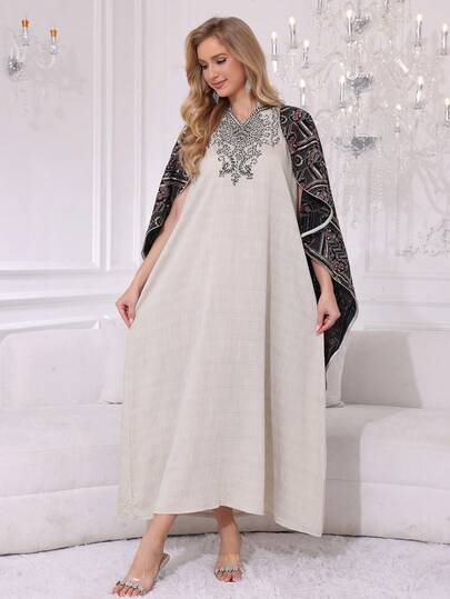 2026 New Style Elegant Silver Embroidered Arabic Women's Dress JALABIA With Small V-Neck Cape, Fashion & Creative Ramadan Traditional