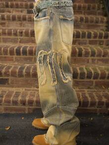 男士做旧宽松阔腿牛仔裤，宽松嘻哈直筒牛仔裤 - 銅色 - 查看 3