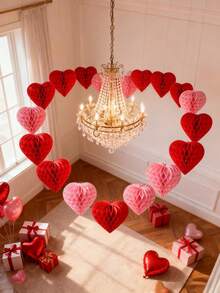 Four/Set - 6-Inch 15cm Valentine's Day Honeycomb Red Heart, Valentine's Day-Shaped Paper Honeycomb Ball, Valentine's Day Party Decoration Honeycomb Ball, Suitable For Holidays, Shopping Malls, Families, Offices, Love Decoration, Pink And Red Paper Heart-Shaped Honeycomb, Suitable For Valentine's Day, Wedding Party Decoration, Birthday Party Decoration - 紅色 - 查看 3