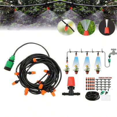 15M Water Saving Garden Micro Irrigation Kit 1/4 Inch Adjustable 3-In-1 Spray/Mist/Water Nozzles For Indoor Outdoor Garden Lawn Greenhouse Balcony Potted Plants Durable Plastic Threaded Irrigation Tools