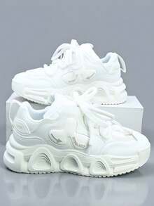 Men's Casual Sports Shoes, Fashion New Versatile Men's Bread Shoes, Comfortable Lightweight Thick Sole Non-Slip Lace-Up Sneakers, Suitable For Campus, Teenagers, Students, Color Block Casual Shoes With Comfortable Leather Lining And Low-Top Lace-Up Design - White - View 1