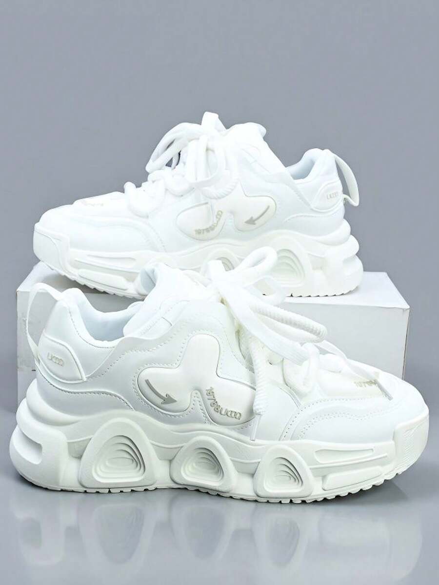 Men's Casual Sports Shoes, Fashion New Versatile Men's Bread Shoes, Comfortable Lightweight Thick Sole Non-Slip Lace-Up Sneakers, Suitable For Campus, Teenagers, Students, Color Block Casual Shoes With Comfortable Leather Lining And Low-Top Lace-Up Design - White - View 1