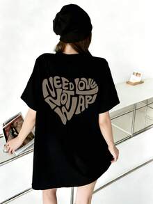 Black Graphic Print Round Neck Loose Casual T-Shirt For Women, Summer - Black - View 1