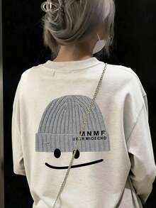 灰色印花圆领长袖T恤，女士休闲宽松百搭打底衫，春秋季 - 淺花灰 - 查看 1