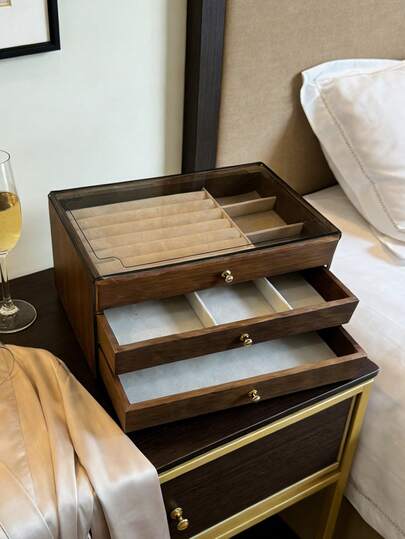 1个豪华胡桃木首饰盒，三层木质首饰收纳整理盒，带抽屉，亚克力首饰展示盒，经典设计，可收纳耳环、戒指、项链、手镯、吊坠，浴室及桌面收纳盒，可堆叠，优雅奢华的妻子礼物盒，家居装饰