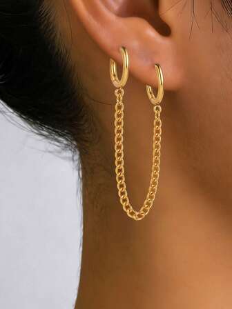 Pendientes de diseño de doble anillo unido en cadena, de acero inoxidable, de moda, ocio, dulce y fresco, con retención de color duradera y solidez del color, unisex para la vida diaria y festivales de música.