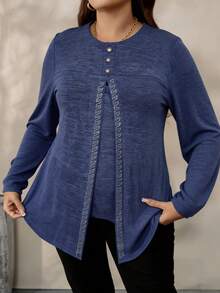 Plus Size Women Casual Rhinestone Embellished Top, Elegant Versatile Round Neck Long Sleeve Top, Suitable For Daily Wear, Spring/Summer - Purple - View 3