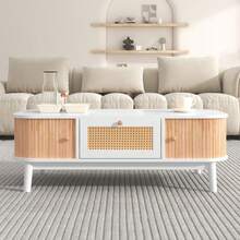Coffee Table - Rattan Coffee Table, Drawers With Rattan And Sliding Doors With Solid Wood Slats, Solid Wood Legs, Natural Country Style. - White - View 5