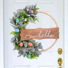 Spring Easter Wreath With Hello Sign - Wooden Bead And Faux Greenery Door Decor, Pastel Eggs Hanging Wreath For Front Door, Entryway, Porch Farmhouse Decor - Multicolor - View 2
