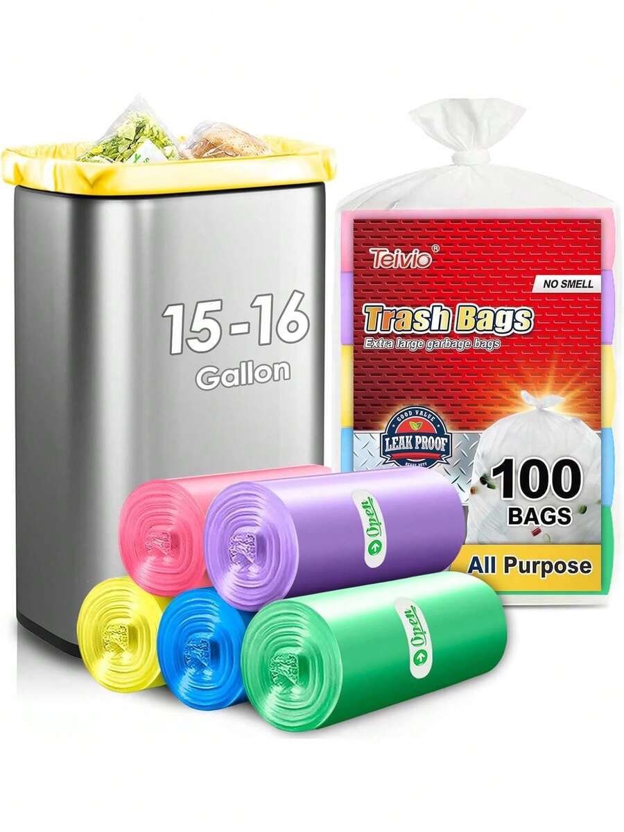 Colorful Clear Strong Tall Kitchen Trash Bags 15-16 Gallon 100 Counts,Fit 13,15,16,18 Gal,Garbage Bags By , Bin Liners, Plastic Bags For Home Office Bathroom,Multicolor,38219074 - 中紫紅色 - 查看 1