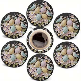 6 piezas Posavasos redondos de madera - Huevo de conejo de Pascua 2D plano de 4 pulgadas Decoración del hogar y comedor Almohadillas aislantes del calor, Adecuado para bebidas calientes, café, té, regalo ideal para fiestas, 2D plano, 6 piezas/Set, 1800 piezas/300 Sets