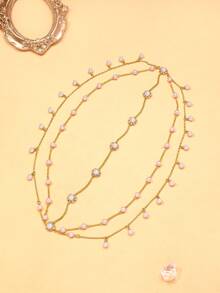 1件新款多层珍珠发链，时尚欧美风花朵头饰发饰，准新娘，女士发饰 - 金色 - 查看 4